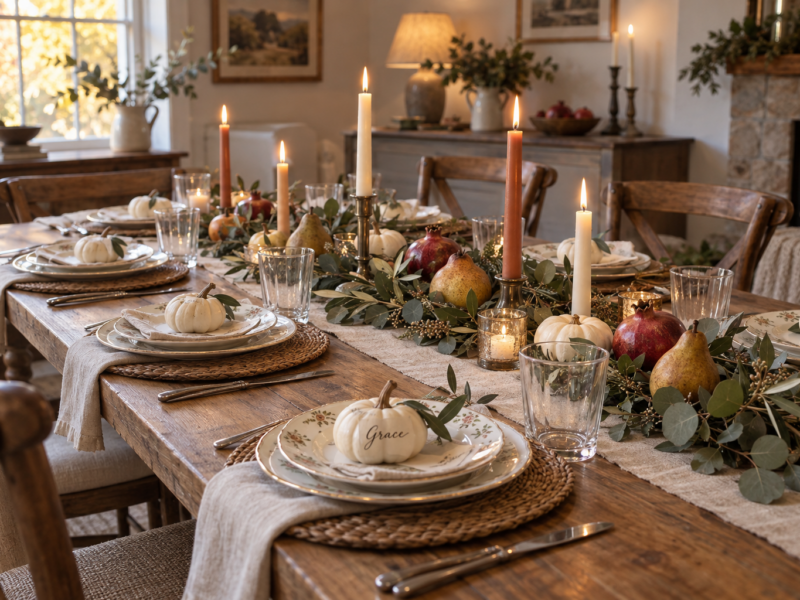 Autumn Thanksgiving table with eucalyptus, white pumpkins, pears and taper candles