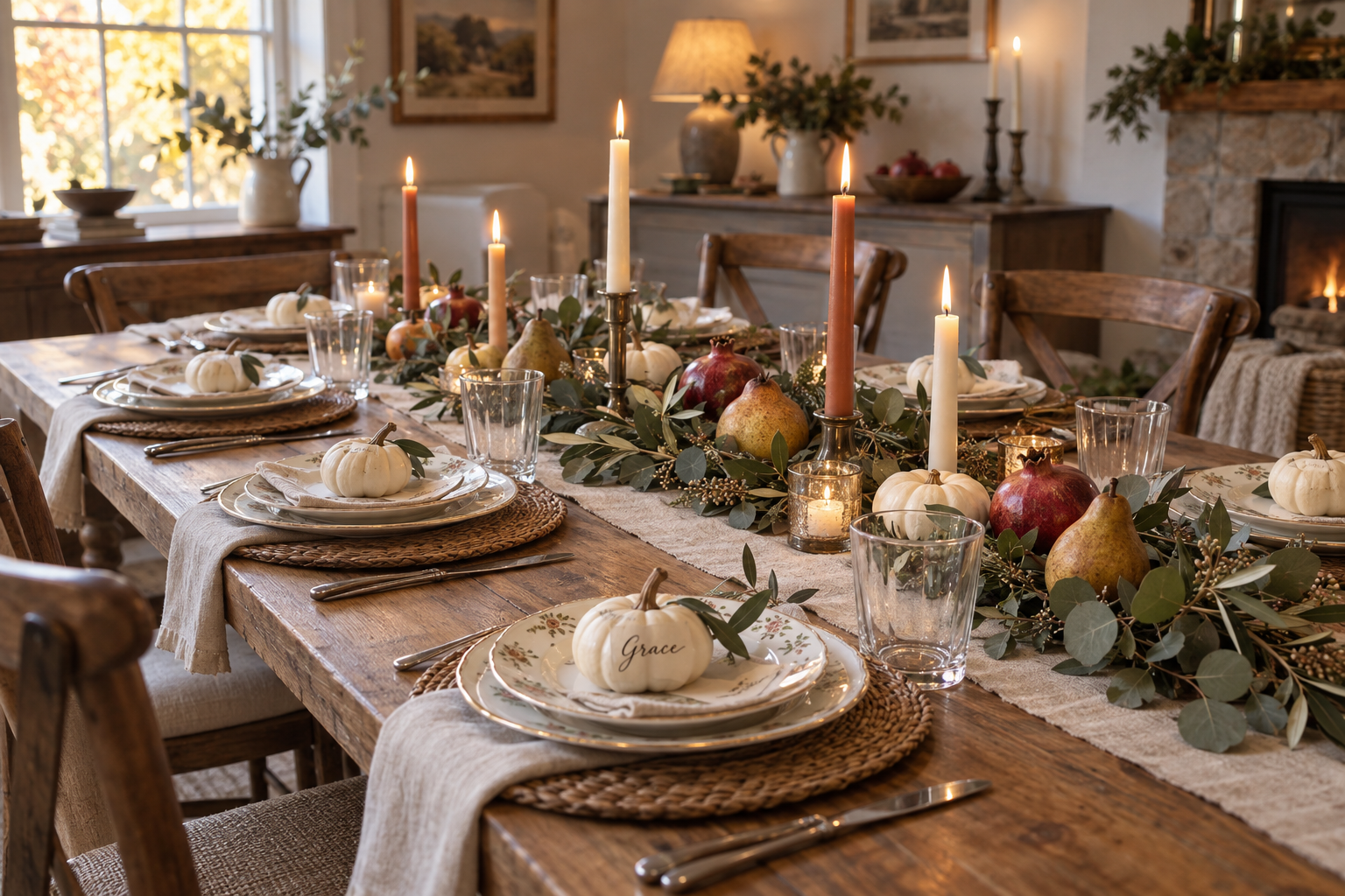 Autumn Thanksgiving table with eucalyptus, white pumpkins, pears and taper candles